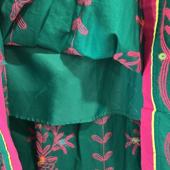 WD.NY Green Pink Embroidered Boho Floral Animal Cotton Midi Skirt - Size 6 - Picture 9 of 11